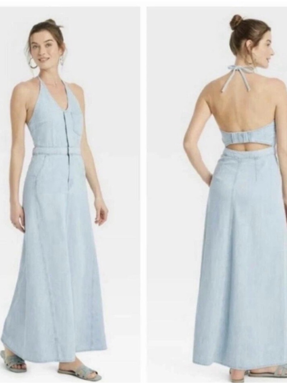 Universal Thread Light Wash Denim Maxi Halter Dress